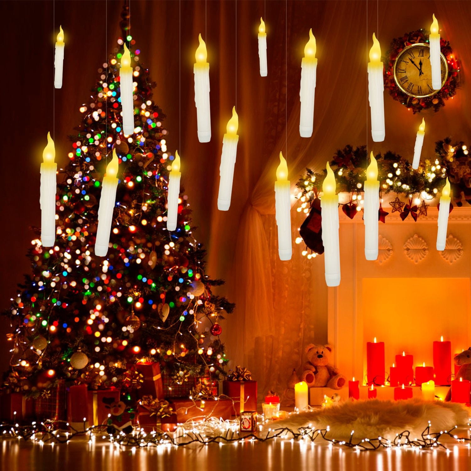 12Pcs Flameless Floating Candle Set with Magic Wand Remote 98ft Fishing Wire for Halloween Christmas Decor
