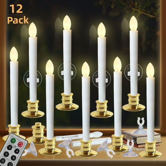 12Pcs Flameless Windows LED Candles Lights with Remote & Gold Bases & Suction Cups for Christmas Party Celebration Decorations