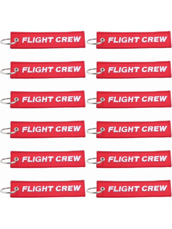 12Pcs Flight Key Chain Airplane Travel Tags Red Flight Crew Personalized Embroidery Rectangle Polyester Customized Iron Rings Keychains Accessories for Car Spot Travel Bags Luggage Suitcase