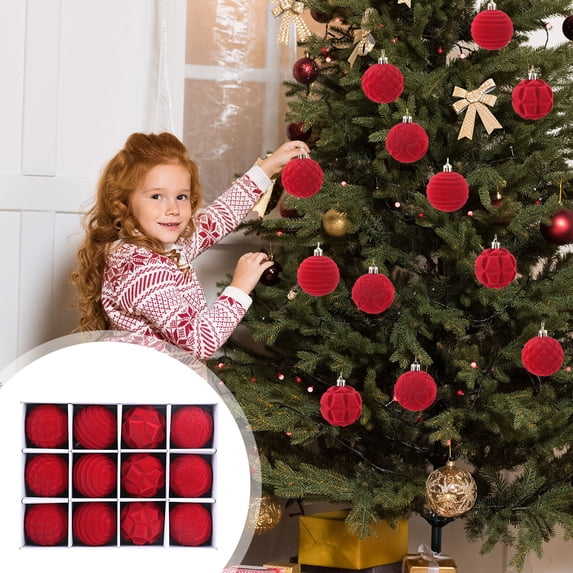 12Pcs Flocked Christmas Balls Ornaments,2.4in Velvet Embossed Christmas Tree Hanging Decorations,Assorted Textured Plastic Baubles for Xmas Home Mantel Window Decor,A