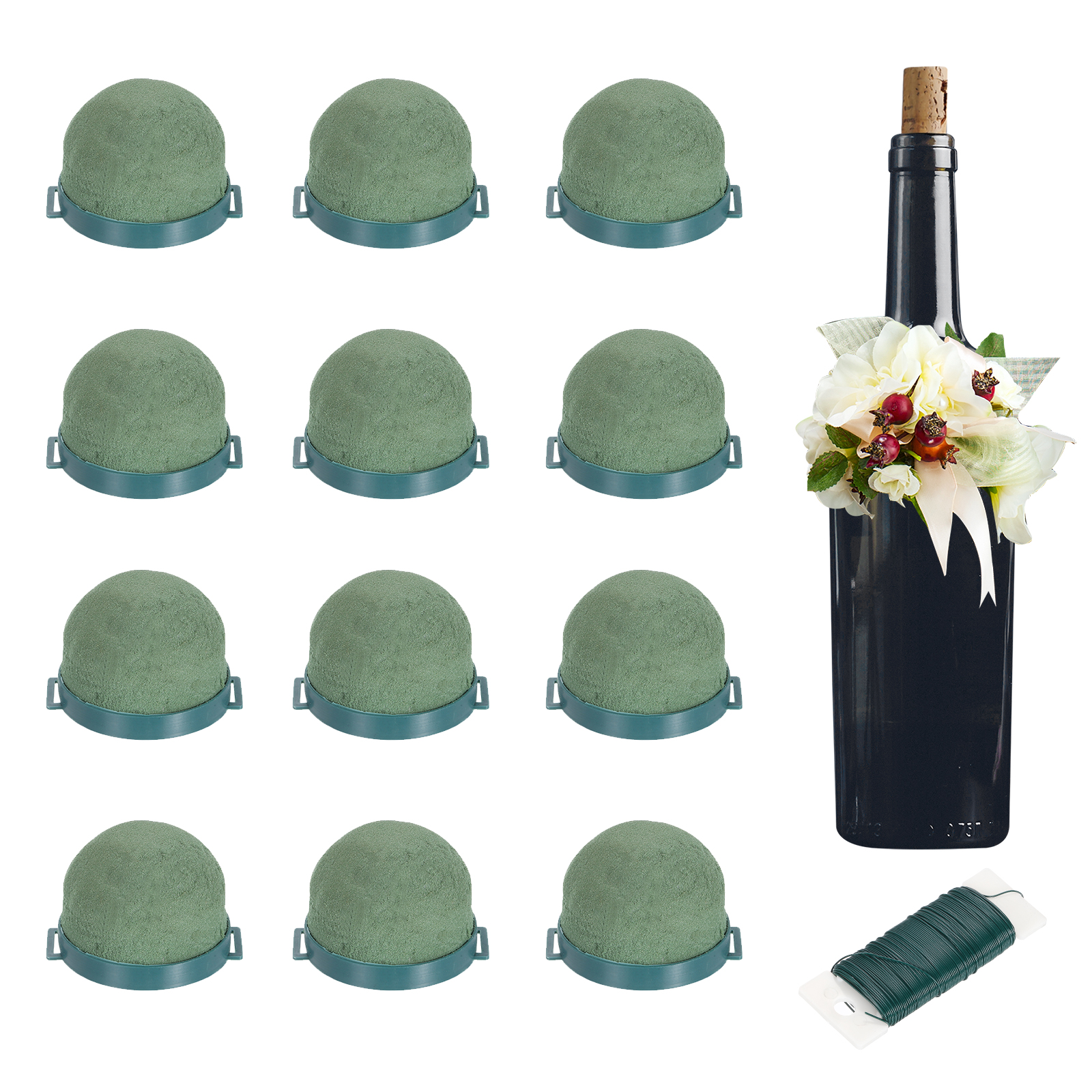12Pcs Floral Foam Green Flower Floral Dry Foam, Mini Round Floral Foam Holder Flower Arrangements for Wine Bottle Decor Wedding Party Decorations(with Green Iron Frame)