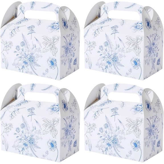 12Pcs Folding Paper Treat Boxes 6.3x3.7x3.7 Inch Floral Blue Cardboard Gift Box with Handle