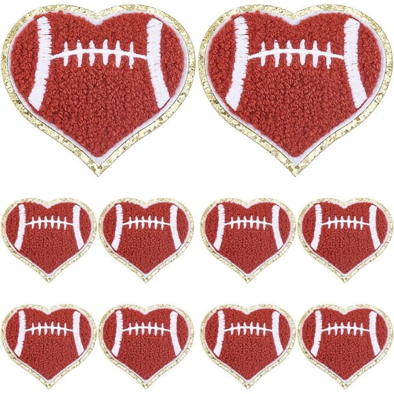 12Pcs Football Embroidered Patches Red Heart Shape Rugby Patch Sew on Sequin Sports Iron on Embroidery Repair Badge Appliques Bulk for Sewing Making Craft Clothes Jacket Valentine DIY Supply Brown
