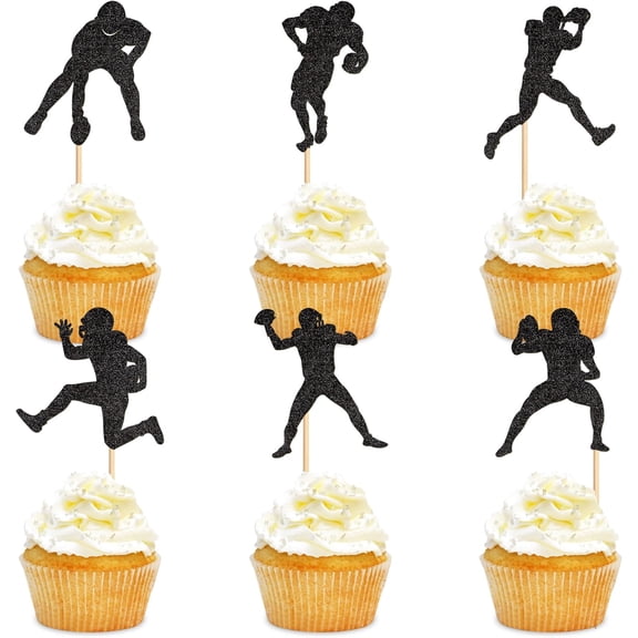 12Pcs Football Player Silhouette Cupcake Toppers, Black Glitter Quarterback & Runner Picks for Football Game, Super Bowl, Sports Birthday Decor
