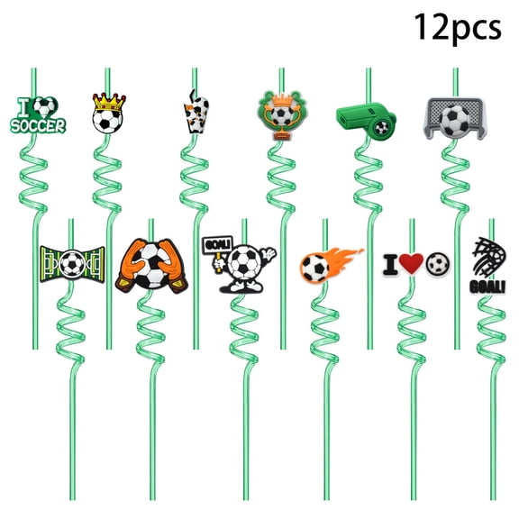 12Pcs Football Series Cartoon Spiral Straws, Creative Twist Design Reusable Drinking Straws for Soccer Theme Birthday Parties & Sports Celebrations
