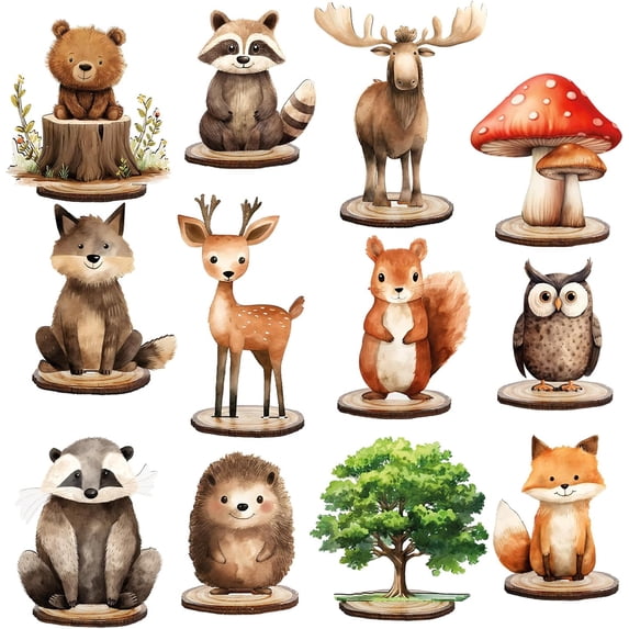 12Pcs Forest Animal Wood Table Sign Cute Woodland Animal Wooden Cutouts ...