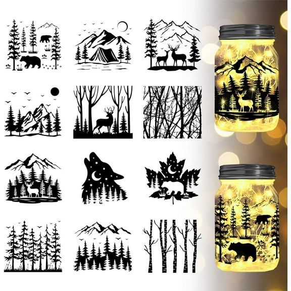 12Pcs Forest Animals Silhouette Jar Cutouts Cutout Paper Window Cutout Paper Mountain ad Trees Plastic Silhouette Wall Cutout Paper Lamp Clings Decals Glass