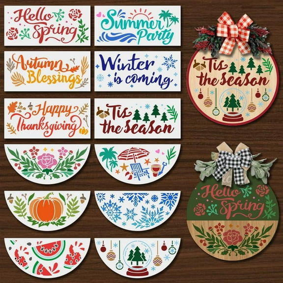 12Pcs Four Season Welcome Stencils for Painting on Wood Half Round Stencils 12inch Free Combination Style Spring Summer Autumn Winter Stencil for Front Door Home Decor with Paint Brush