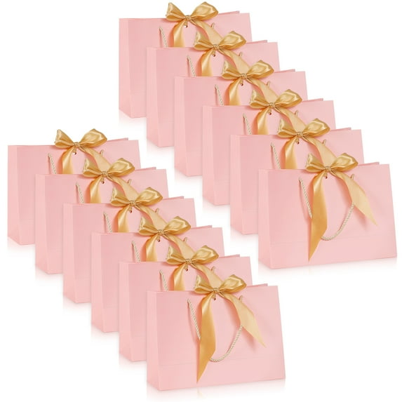 12Pcs Gift Bags with Handles, Party Favor Bags with Bow Ribbon, Paper Gift Wrap Treat Bags Bulk, Medium Size Gift Bag for Wedding, Baby Shower Bridesmaid Party (Pink, 12.5"x4.3"x9.8")