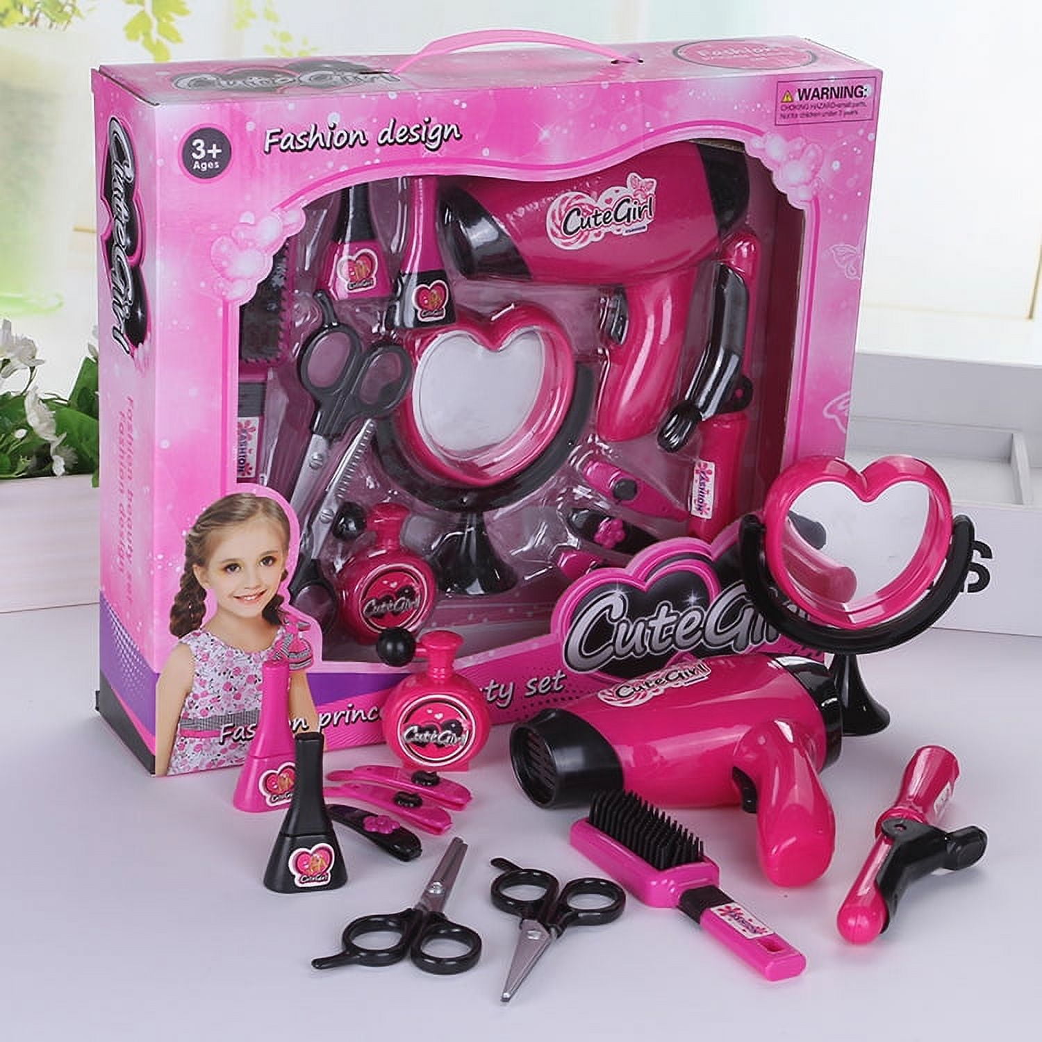  JOYIN 17Pcs Girls Beauty Salon Set, Pretend Play Doll Hair  Stylist Toy Kit with Hairdryer, Mirror, Curling Iron and Other Accessories  for Kids Toddler Fashion Cutting Makeup Party Favor, Birthday Gift 