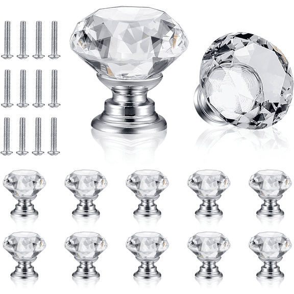 12Pcs Crystal Glass Cabinet Drawer Knobs Pulls Handles for Kitchen Dresser Vanity