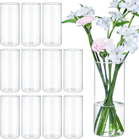 12Pcs Glass Cylinder Vases 8 Inch Tall Clear Flower Vases for Centerpieces Wedding Dration, Hurricane Floating Candle Holder for Party Table Home Dr