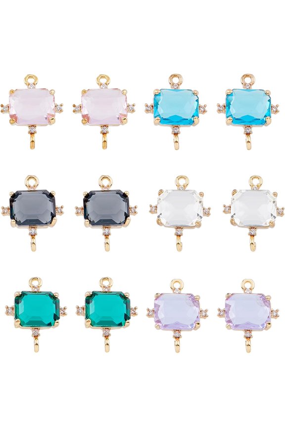 12Pcs Glass Links Connectors Charms 6Color Gold Connector Charm Square Colorful Glass Connectors Flat Cuboid Links Charms