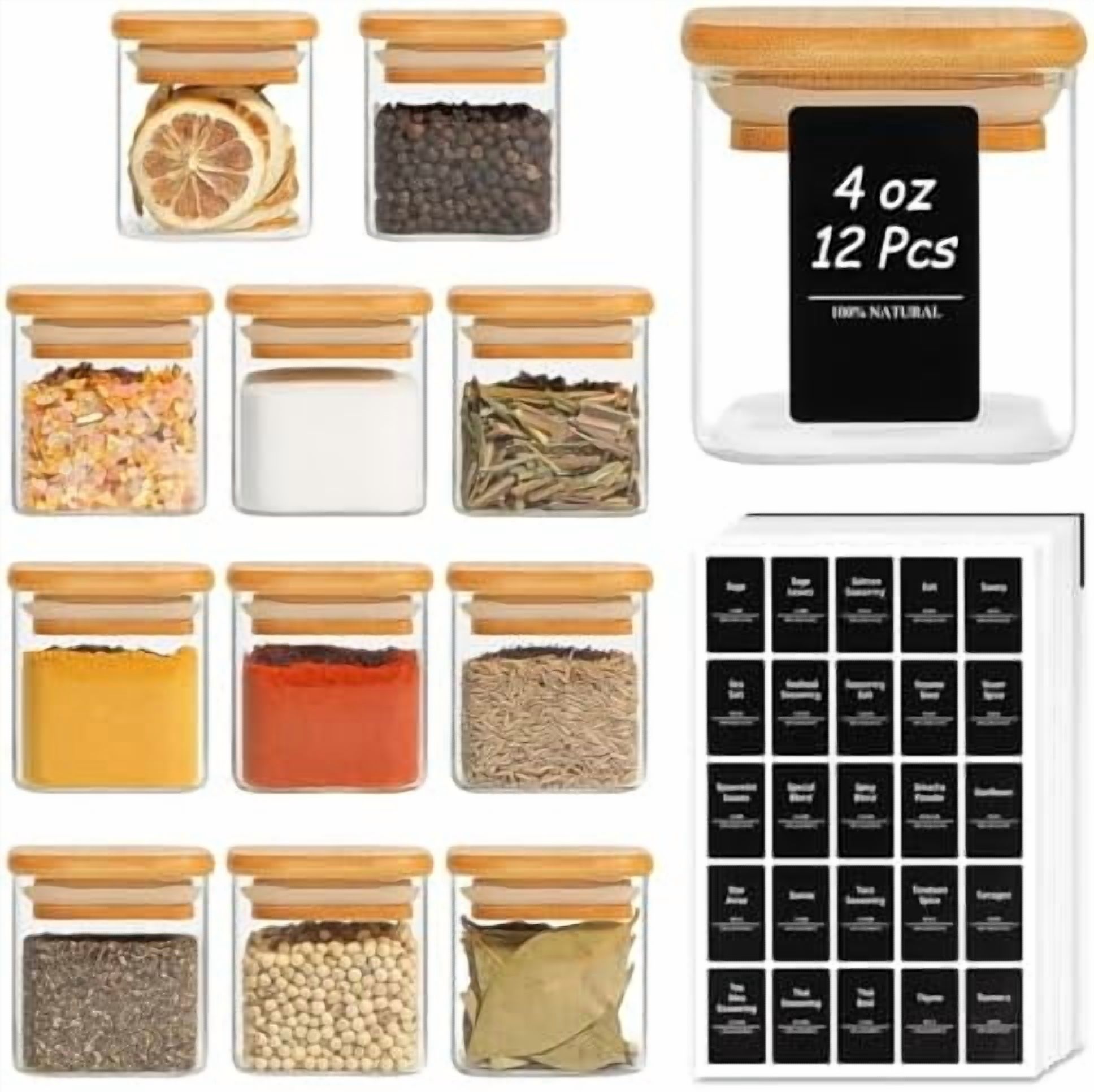 12Pcs Glass Spice Jars with Bamboo Lid, 4oz Airtight Square Spice ...
