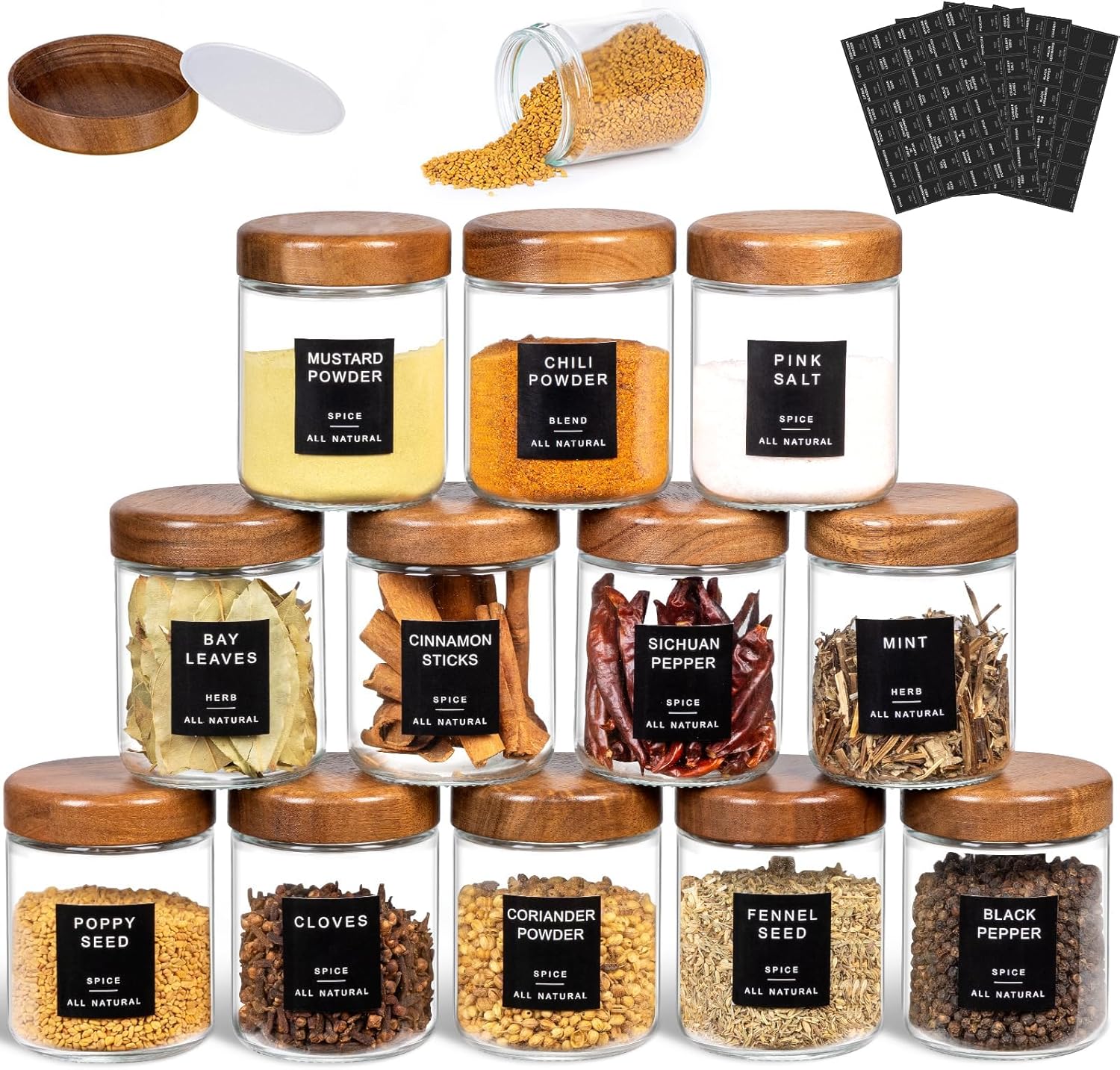 12Pcs Glass Spice Jars with Labels-8oz Acacia Wood Lid Square Spice Containers,Seasoning Jars for Rack Cabinet Drawer,KitchenPantry Daily Use