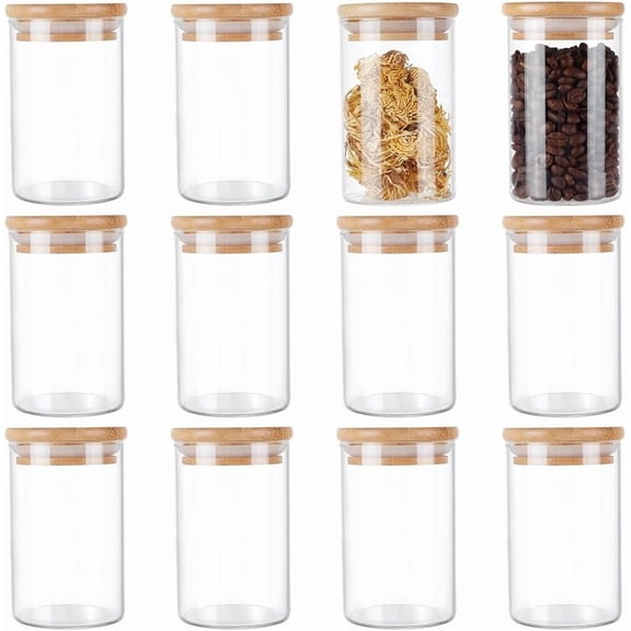 12Pcs Glass Storage Container with Bamboo Lid Tea Coffee Bean Sugar Jar Column Wheat 68x107.5mm for DIY