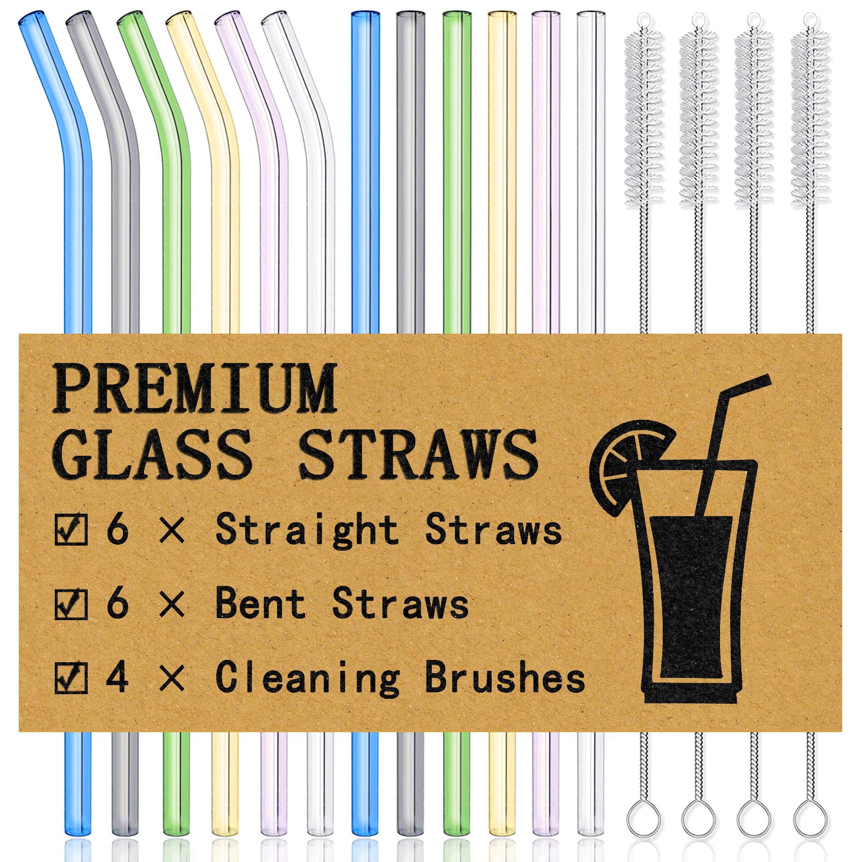 12Pcs Glass Straws with 4Pcs Brushes, Set of 6 Straight and 6 Bent with ...