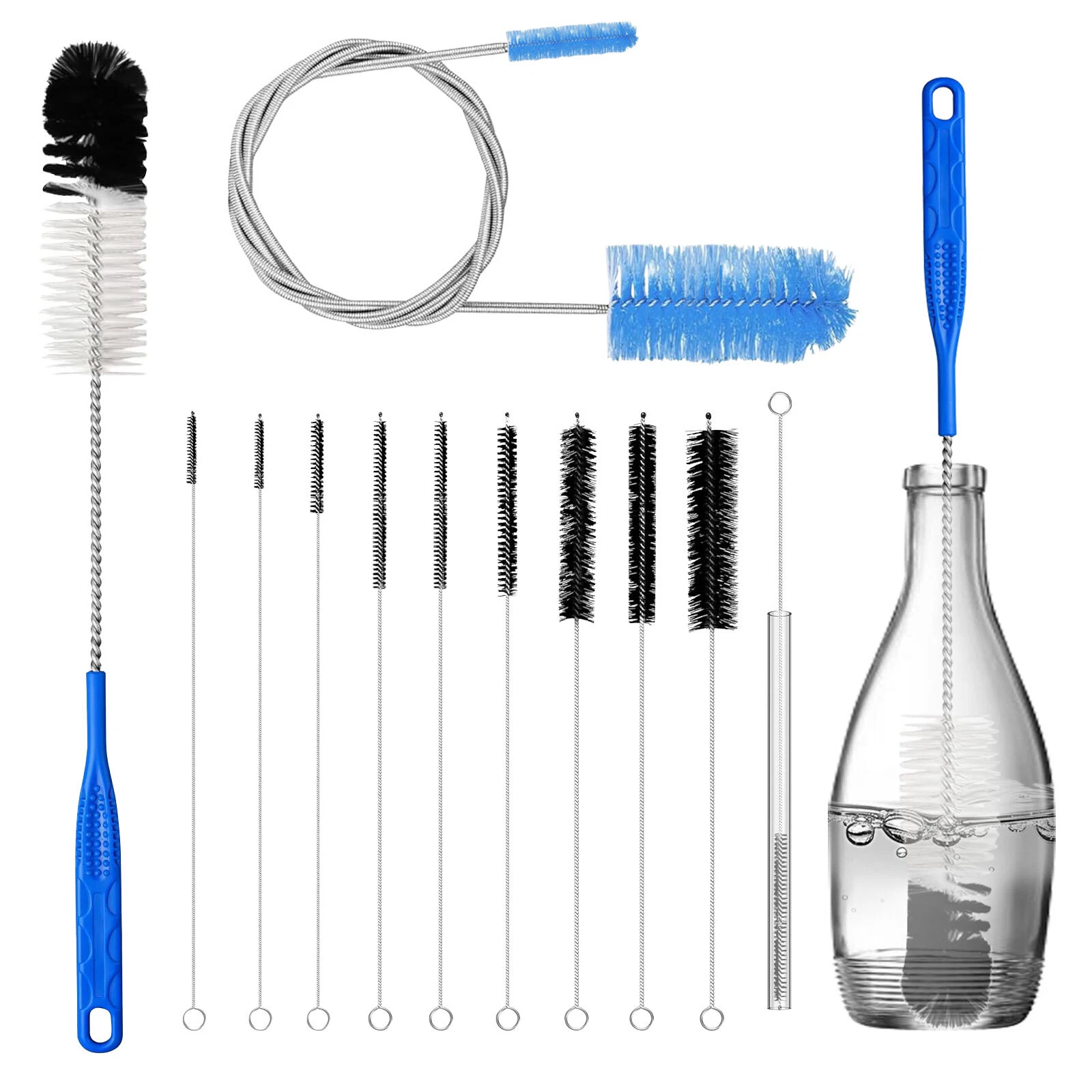 12Pcs Glass Tube Pipe Cleaner Brush Kit, Long Handle Flexible Double Ended Brush