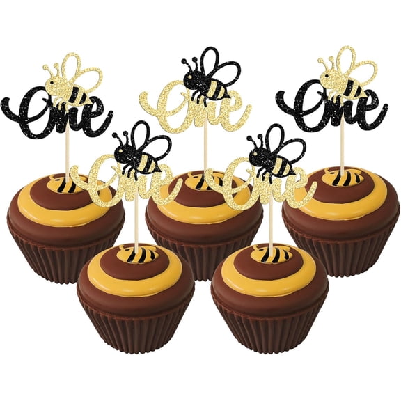 12Pcs Glitter Bee "One" Cupcake Toppers, bee Themed Picks for 1st Birthday Party Cake Decorations