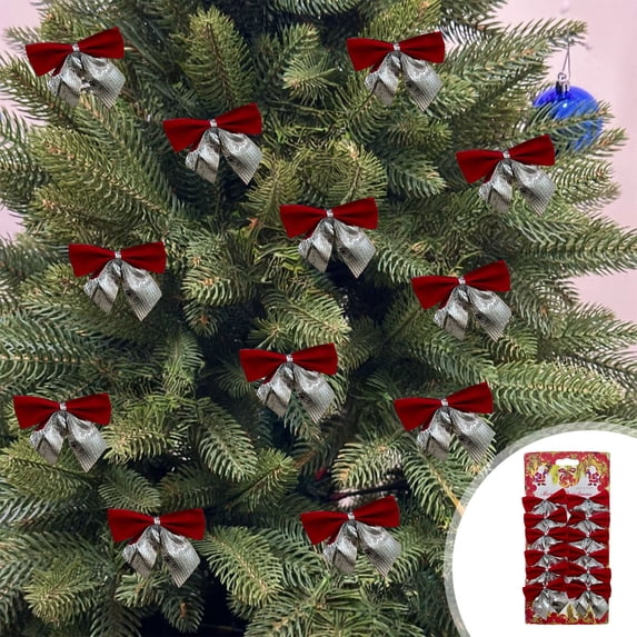 12Pcs Glitter Christmas Tree Bowknot Ornaments, (Red Silver) Bow Hanging Pendants for Xmas Tree DIY Decor, New Year Party Gift Embellishment