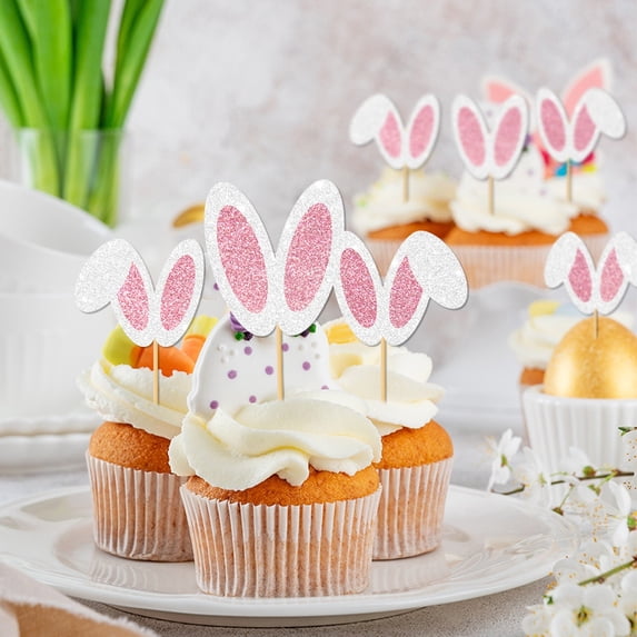 12Pcs Glitter Pink Bunny Ear Cupcake Toppers - Pre-Assembled Rabbit Ear Cake Picks for Easter, Spring Birthday, Baby Shower & Woodland Party Decorations