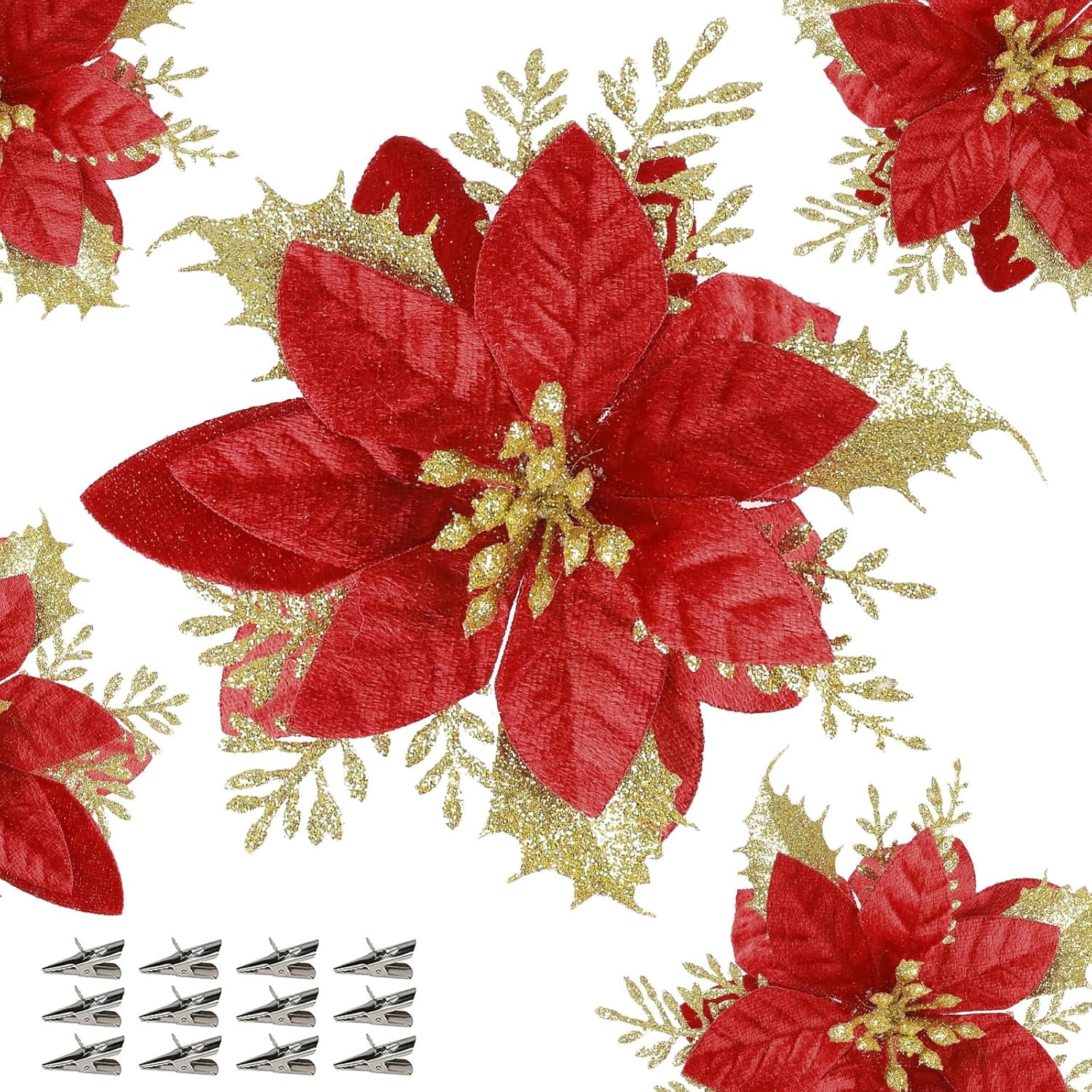 12Pcs Glitter Poinsettias Artificial Christmas Flowers with Clips