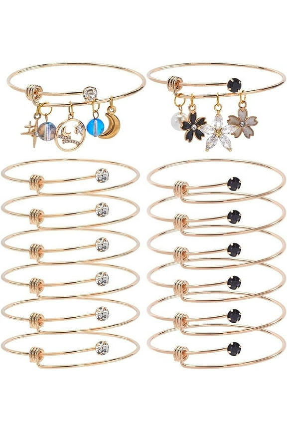 12Pcs Gold Expandable Bangles Adjustable Wire Bangle 304 Stainless Steel with Rhinestone Thin Blank Cuff Bangle Charm Bracelets