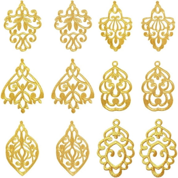 12Pcs Gold Flower Applique Patches for Clothes 6 Styles Polyester Golden Auspicious Cloud Embroidery Lace Applique Golden Ethnic Style Leaf Wreath Patch for DIY Sewing Prom Dress Shoes for DIY