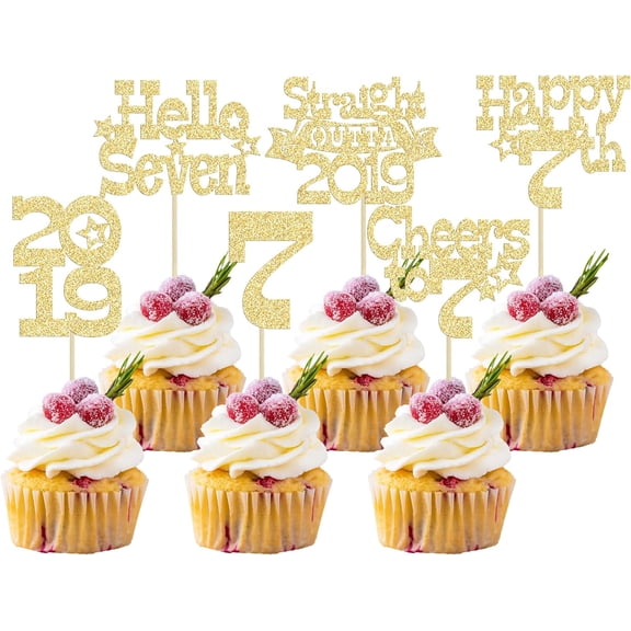 12Pcs Gold Glitter 7th Birthday Cupcake Toppers, "Hello 2019, Cheers to 7" Picks for 7th Birthday Party Cake Decorations
