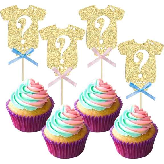 12Pcs Gold Glitter Baby Shower Cupcake Toppers with Blue Pink Bow, Gender Reveal Onesie Question Mark Cake Picks, Baby Gender Reveal Party Decoration