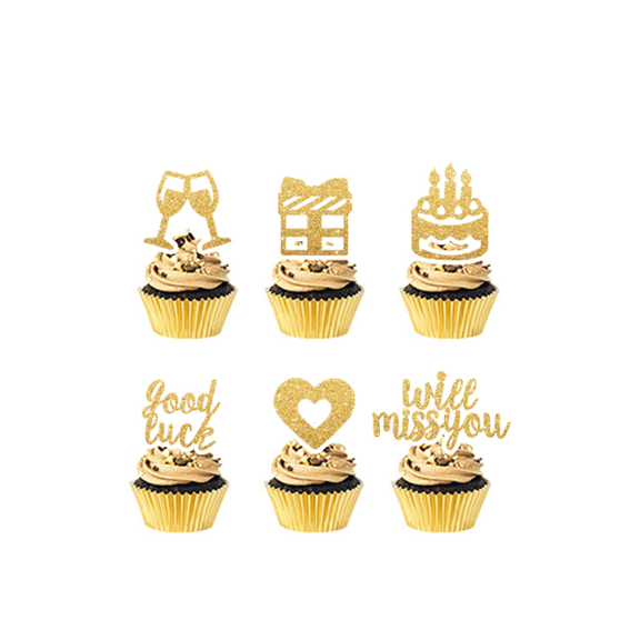12Pcs Gold Glitter Good Luck Will Miss You Cupcake Toppers Champagne Glass Gift Box Birthday Cake Heart Cake Picks Farewell Retirement Moving Away Goodbye Party Cupcake Muffin Dessert Decorations