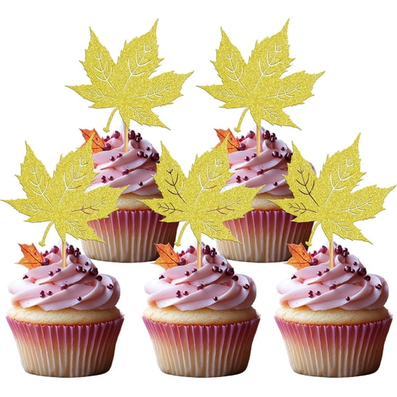 12Pcs Gold Glitter Maple Leaf Cupcake Toppers, Fall Autumn Leaves Cupcake Picks for Thanksgiving Harvest Baby Shower Birthday Party Cupcake Cake Decorations