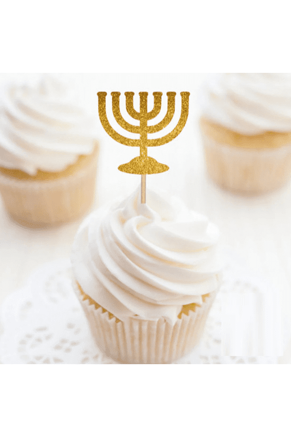 12Pcs Gold Glitter Menorah Cupcake Toppers Jewish Hanukkah Seven Candle Menorah Cake Picks Chanukah Jewish Holiday Party Dessert Decorations