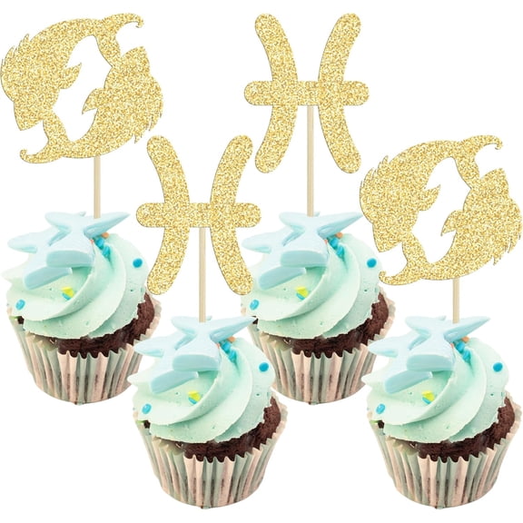 12Pcs Gold Glitter Pisces Zodiac Cupcake Toppers, Fish & Pisces Symbol Picks for Astrology Birthday Party Decor