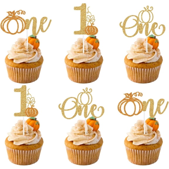 12Pcs Gold Glitter Pumpkin One Cupcake Toppers, Number 1 Pumpkin Themed Cupcake Picks for Little Pumpkin Baby First Birthday Fall 1st Birthday Muffin Decor