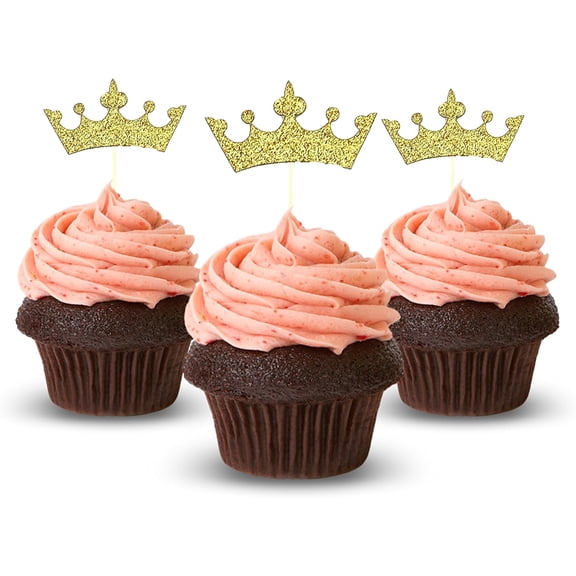 12Pcs Gold Glitter Simple Crown Cupcake Toppers, Princess Tiara Cupcake Picks for Girls Birthday Baby Shower Wedding Party Dessert Decorations