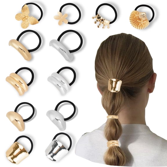 12Pcs Gold Hair Cuffs, Metal Elastic Hair Ties,Geometric Ponytail Cuffs Rope Ellipse Arc Concave and Convex Arc Ponytail Bands Elastic Wrap Hair Accessories for Women, Elegant Hair Cuff Wrap