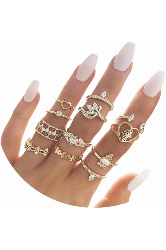 12Pcs Gold Heart Flower Knuckle Rings Set for Women,Boho Heart Love Crown Stackable Finger Chunky Rings.Adjustable Open Rings Band Jewelry