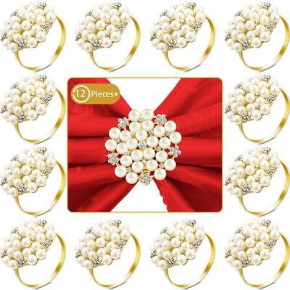 12Pcs Gold Napkin Rings Pearls Flower Napkin Buckles Rhinestone Bling Round