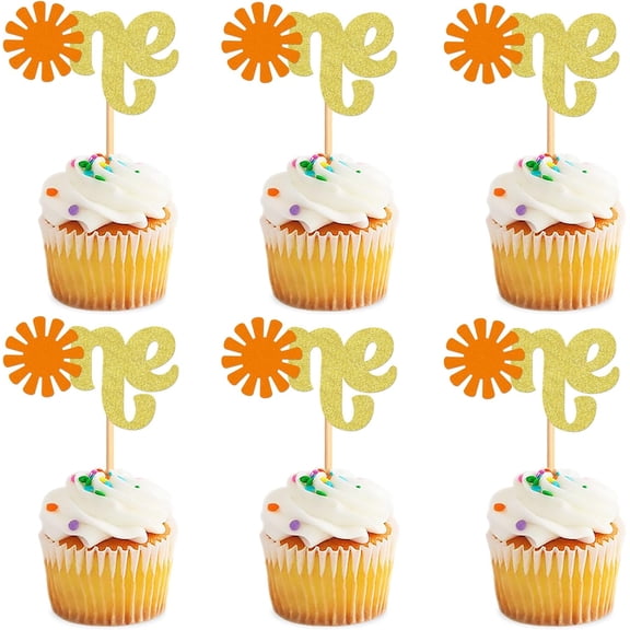 12Pcs Gold Orange Glitter Sun One First Birthday Cupcake Toppers, Boho Sun Number 1 Cupcake Picks for Sunshine Theme Baby 1st Birthday Party Cupcake Decor