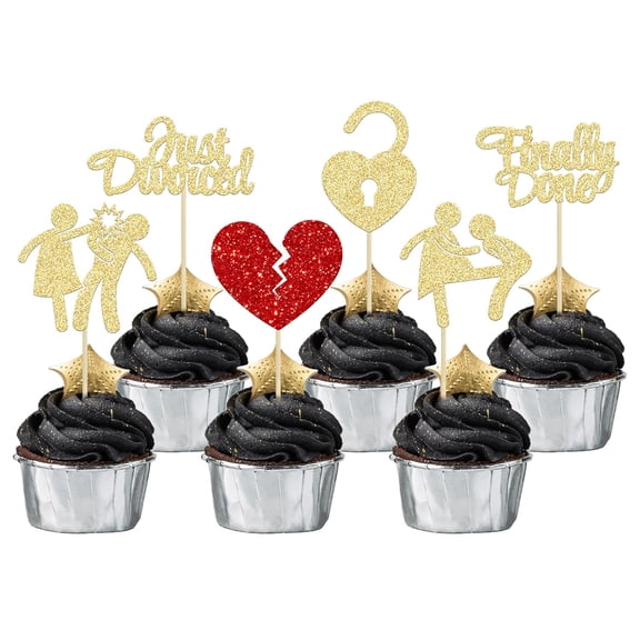 12Pcs Gold & Red Glitter Divorce Cupcake Toppers, Just Divorced, Finally Done & Broken Heart Picks for Divorce Party, Breakup Celebration Decor