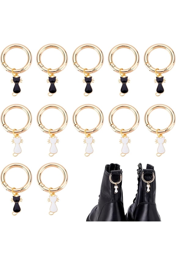 12Pcs Gold Shoe Charms 2 Styles Gothic Cat Shaped Charms with Spring Gate Rings Enamel Alloy Punk Style Shoes Decoration