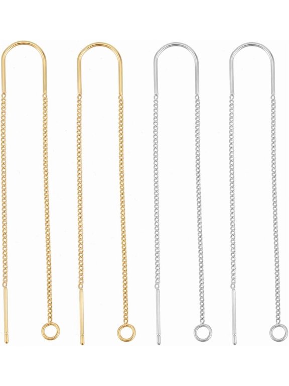 12Pcs Gold Silver U-Shaped Threader Earrings with Loop 18K Gold Plated & Platinum Plated 103mm Ear Threads Findings with Storage Box