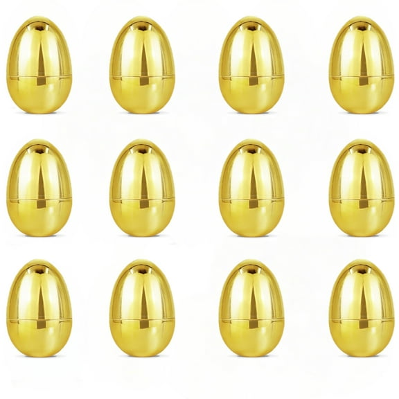 12Pcs Golden Easter Eggs 2.36" Plastic Empty Eggs Fillable Metallic Gold for Easter Hunt, Easter Basket Stuffers Filler Filling Treats, Easter Party Favor, Kids Classroom Prize Supplies Game