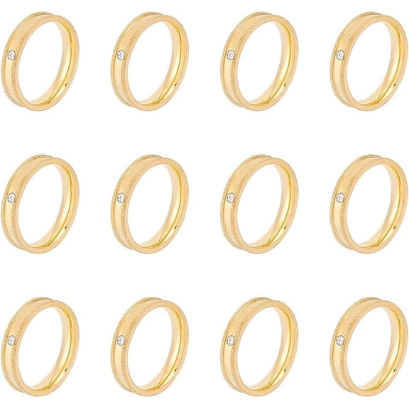 12Pcs Golden Frosted Blank Ring Size 6 Rhinestone Grooved Ring Stainless Steel Round Empty Ring for Inlay Ring Jewelry Band Making and Gift for DIY