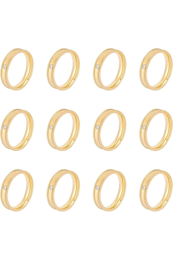 12Pcs Golden Frosted Blank Ring Size 6 Rhinestone Grooved Ring Stainless Steel Round Empty Ring for Inlay Ring Jewelry Band Making and Gift for DIY