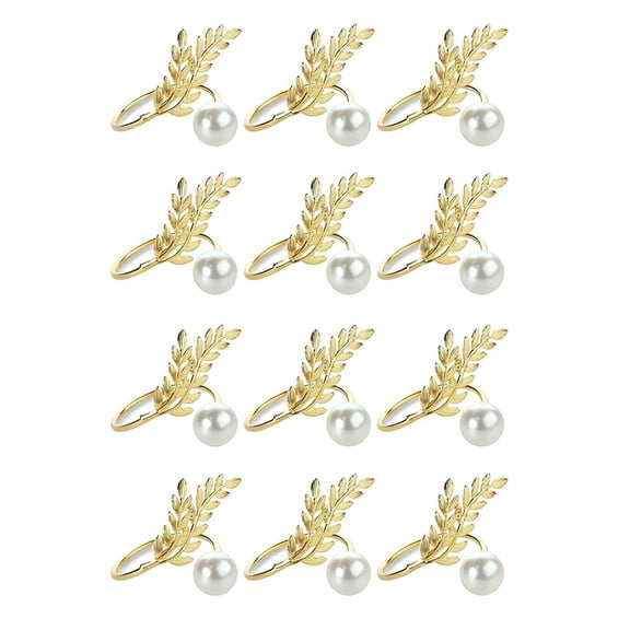 12Pcs Golden Wheat Ear Pearl Napkin Rings, Gold Napkin Rings Metal Wheat Ear Pearl Shaped Napkin Rings Set of 12 Suitable for Wedding Table Decoration, 12X Napkin Rings