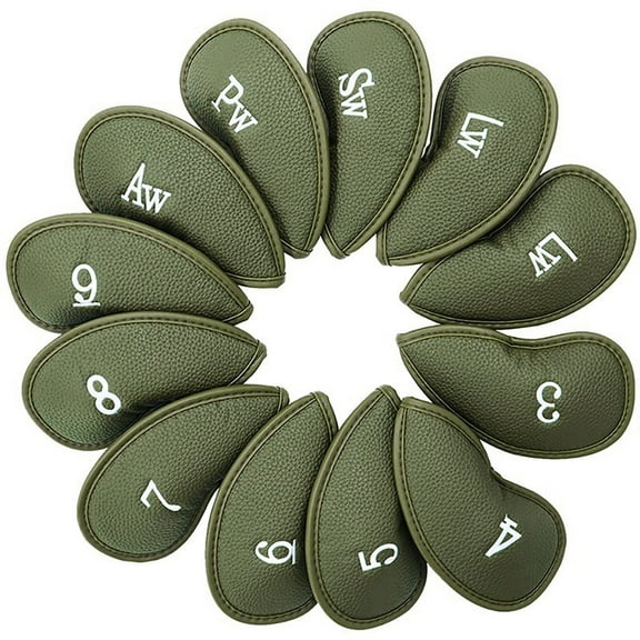 12Pcs Golf Club Leather Cover Golf Iron Head Protective Covers Waterproof Golf Club Head Cover with Identification Numbers Green