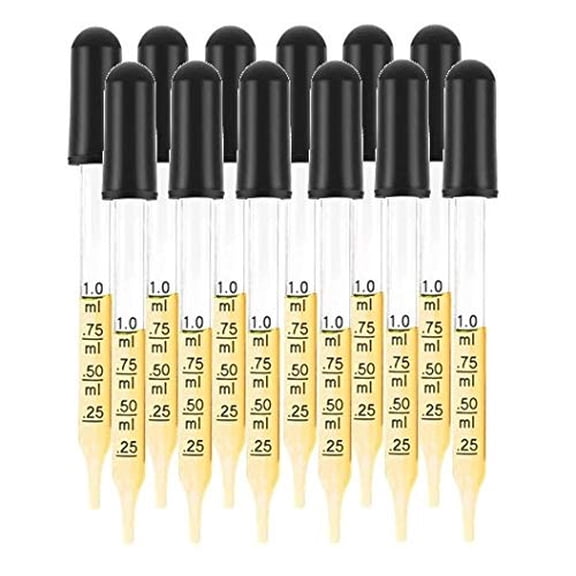 12Pcs Graduated 1ml, Glass Dropper 3" with Black Suction Bulb, Straight Tip Calibrated for Essential Oils