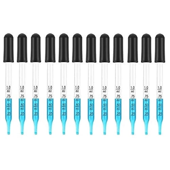 12Pcs Graduated 1ml, Glass Dropper 4" Long with Black Suction Bulb, Straight Tip Calibrated for Essential Oils